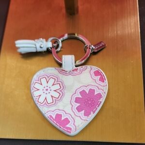 Coach Pink Floral Heart Keychain With Mini Tag And Tassel LIKE new